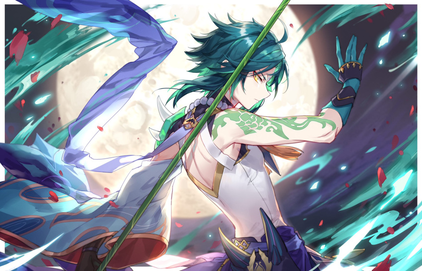 1boy, arm_tattoo, bangs, bead_necklace, beads, blue_hair, closed_mouth, full_moon