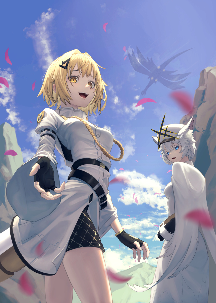 2girls, :d, absurdres, bangs, belt, black_gloves, blonde_hair, blue_eyes