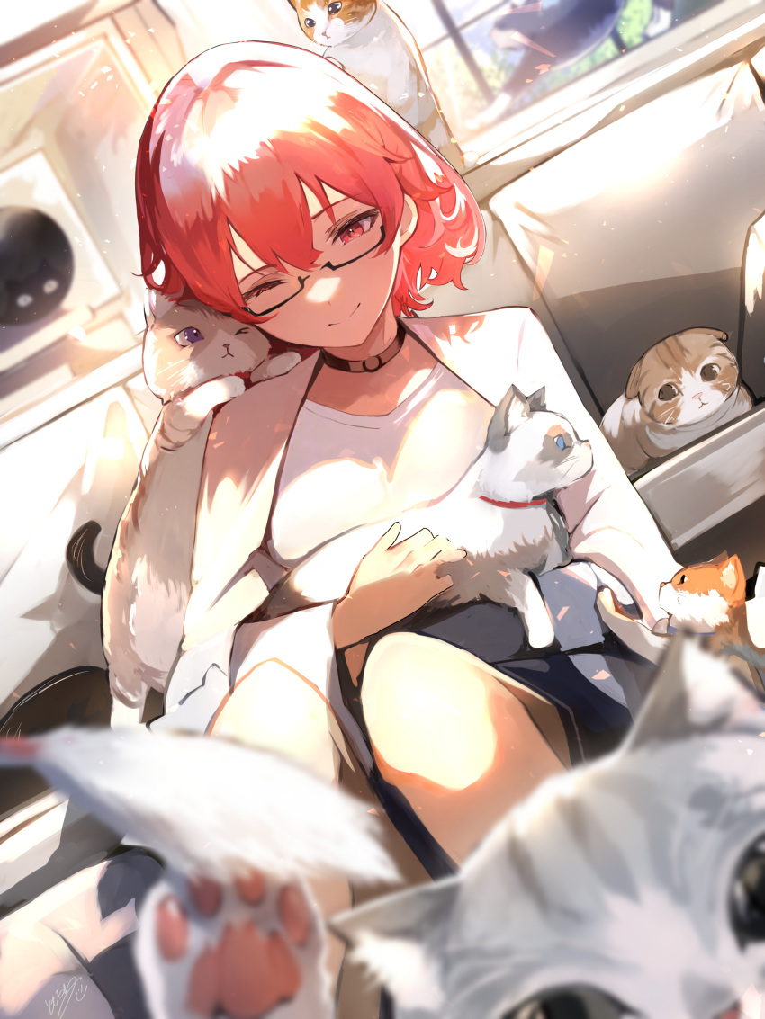 1girl, absurdres, animal, brown_choker, cat, cat_day, choker, closed_mouth, highres, holding, holding_animal, holding_cat, jacket, long_sleeves, one_eye_closed, original, red_eyes, redhead, shirt, short_hair, signature, sitting, smile, solo, tomochi_(tmc_tmc8), white_jacket, white_shirt