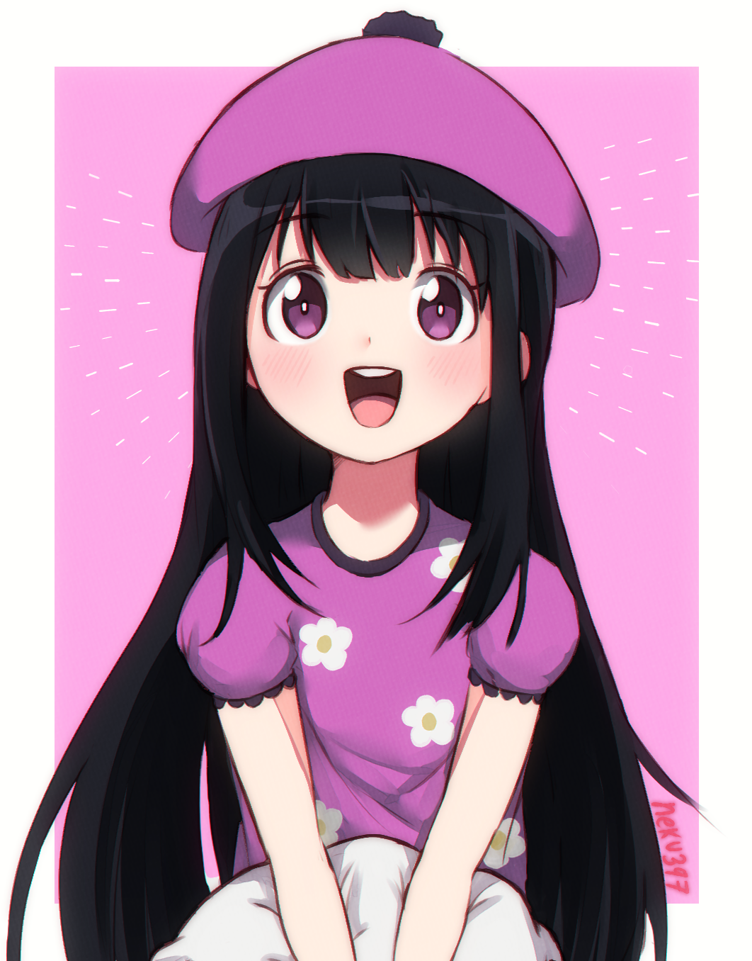 1girl, :d, flower, happy, hat, highres, long_hair, looking_at_viewer, neku397, object_hug, open_mouth, pajamas, pillow, pillow_hug, self_upload, simple_background, smile, solo, south_park, wendy_testaburger