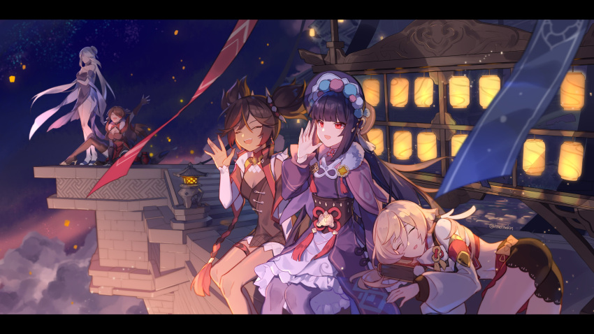 5girls, absurdres, antlers, arm_up, bangs, beidou_(genshin_impact), black_gloves, black_hair