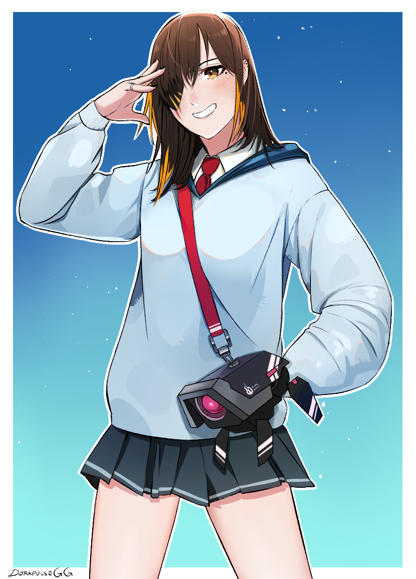 1girl, artist_name, bangs, black_eyepatch, blue_cardigan, blue_skirt, blush, brown_eyes