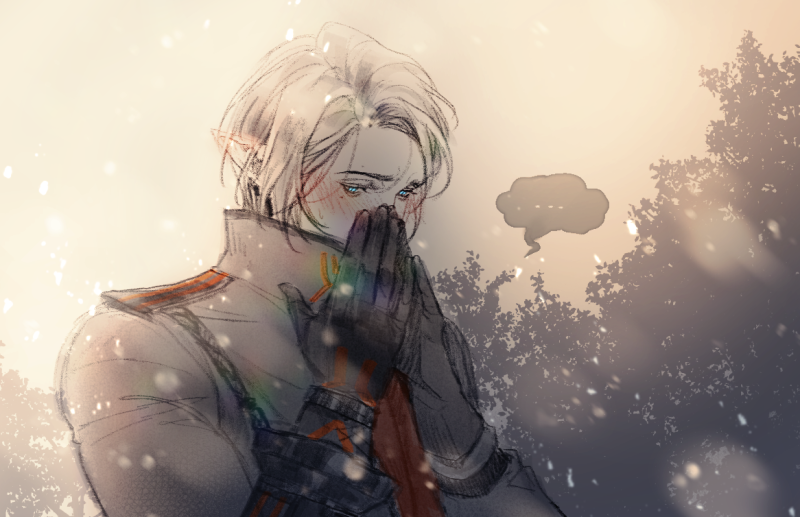 ..., 1boy, blue_eyes, blush, covering_mouth, elf, gloves, hand_over_own_mouth, lord_of_heroes, machamyo, mikhail_blake, pale_skin, pointy_ears, thought_bubble, white_hair
