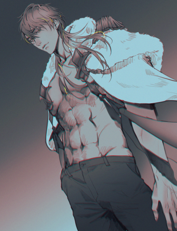 1boy, abs, blonde_hair, brown_hair, jacket, jacket_on_shoulders, kartis_claudith, looking_at_viewer