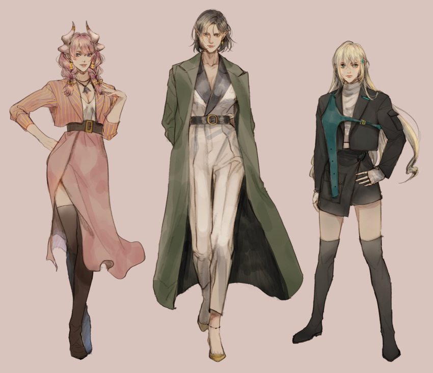 3girls, black_hair, blonde_hair, blue_eyes, dragon_girl, dragon_horns, elf, fashion