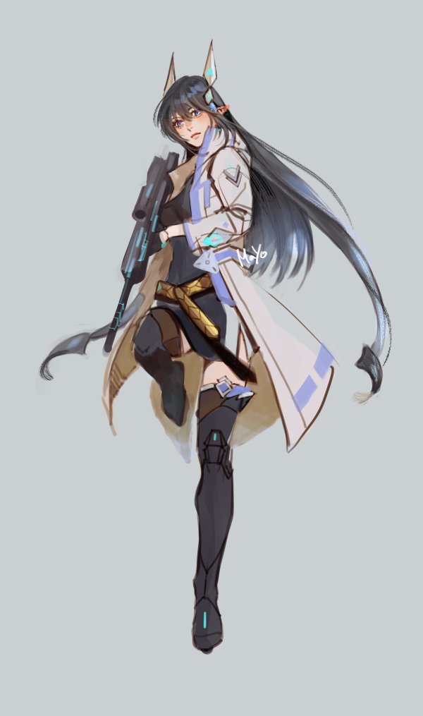 1girl, black_hair, blue_eyes, boots, fram_berge, gloves, gun, hair_ornament, holding, holding_weapon, long_hair, looking_to_the_side, lord_of_heroes, machamyo, pale_skin, pointy_ears, rifle, thigh-highs, thigh_boots, weapon