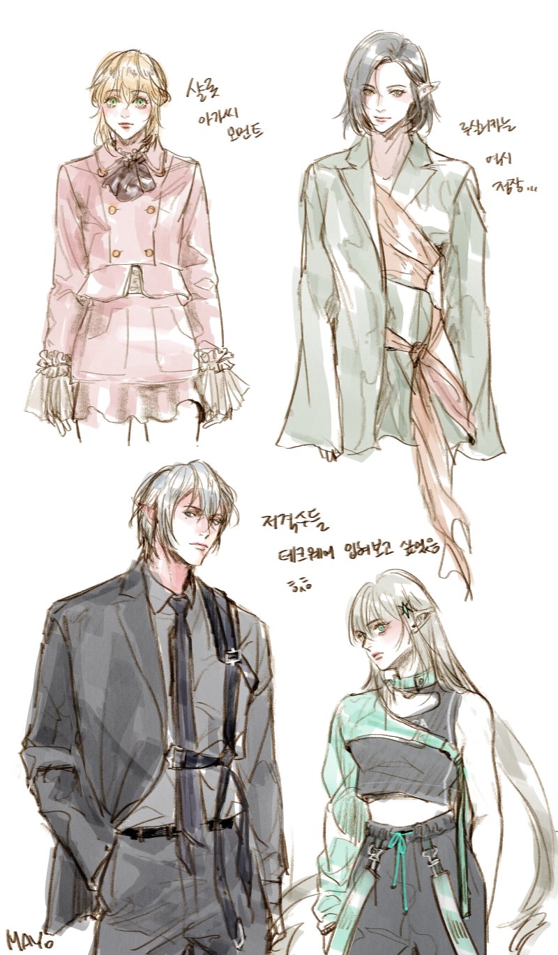 1boy, 3girls, black_hair, blonde_hair, blue_eyes, charlotte_grace, elf, green_eyes