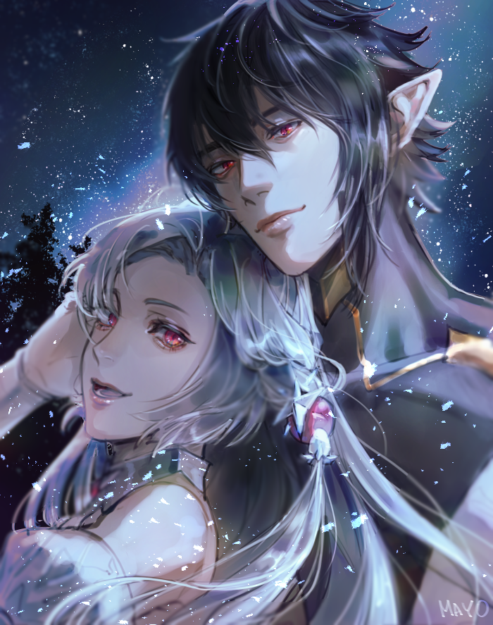 1boy, 1girl, age_progression, black_hair, blue_hair, hetero, long_hair, looking_at_viewer