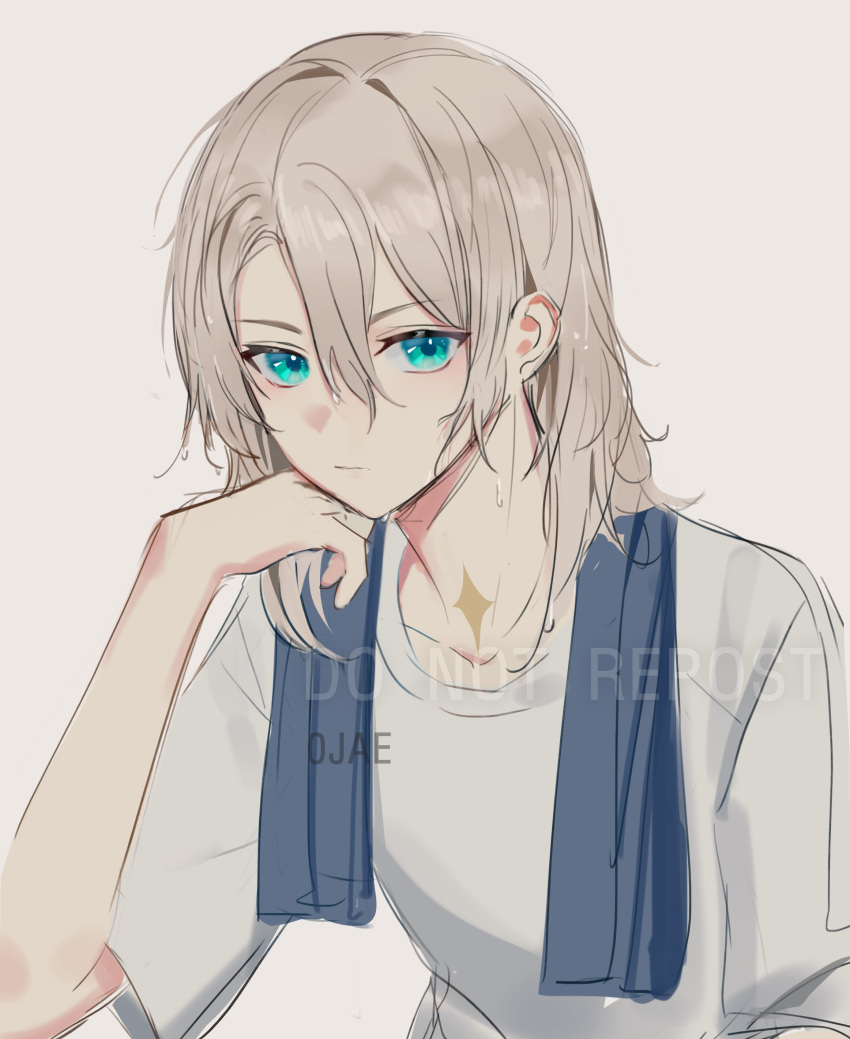0jae, 1boy, absurdres, albedo_(genshin_impact), alternate_hairstyle, aqua_eyes, artist_name, bangs
