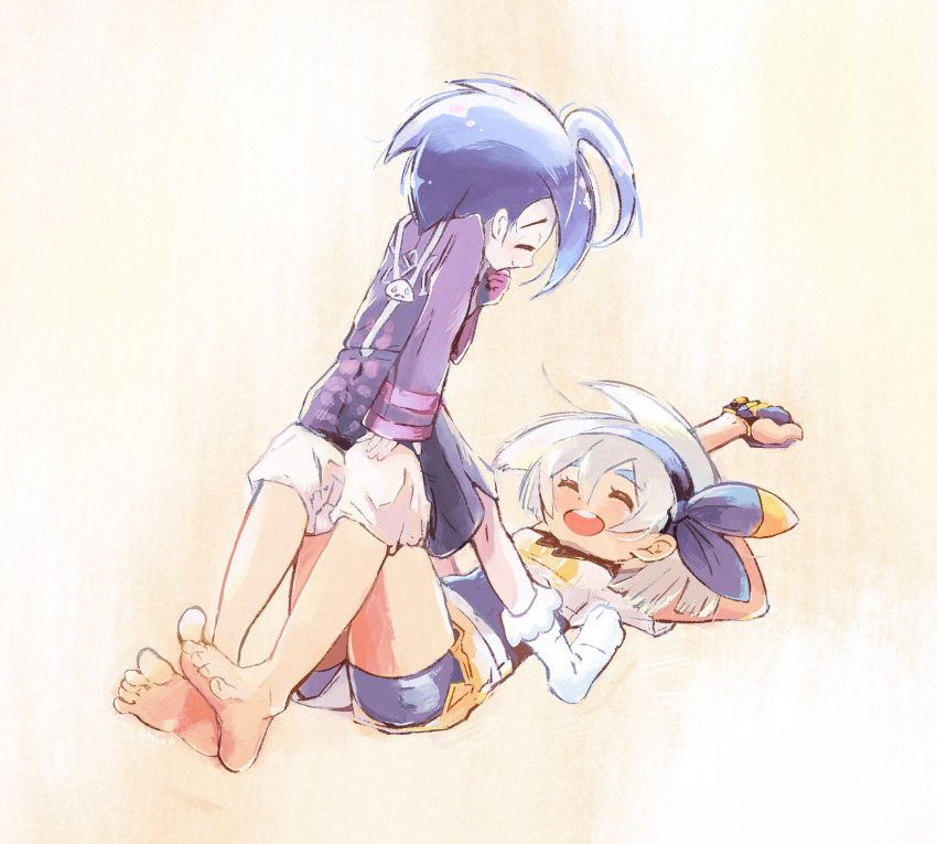 1boy, 1girl, :d, ahoge, allister_(pokemon), arm_up, bangs, barefoot, bea_(pokemon), black_bodysuit, black_hair, black_hairband, bodysuit, bodysuit_under_clothes, bow_hairband, closed_eyes, collared_shirt, commentary_request, eyelashes, gloves, grey_hair, hair_between_eyes, hairband, highres, knee_pads, long_sleeves, open_mouth, partially_fingerless_gloves, pokemon, pokemon_(game), pokemon_swsh, shiro_(46isou), shirt, short_hair, short_sleeves, shorts, side_slit, side_slit_shorts, single_glove, smile, socks, suspender_shorts, suspenders, teeth, toes, upper_teeth, white_legwear