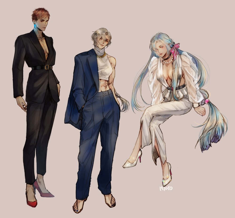 3girls, blonde_hair, blue_eyes, blue_hair, braid, breasts, brown_hair, dark-skinned_female, dark_skin, dress, earrings, fashion, full_body, jewelry, large_breasts, long_hair, lord_of_heroes, lucilicca_la-elaya, lumie_miratisa, machamyo, multiple_girls, pale_skin, revealing_clothes, short_hair, violet_eyes, zaira_(lord_of_heroes)