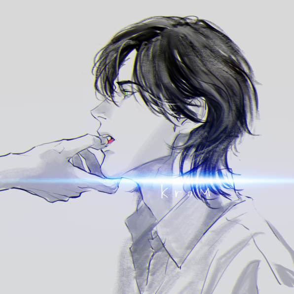 1boy, black_hair, character_name, disembodied_limb, facing_to_the_side, finger_in_mouth, krom_ledios, looking_to_the_side