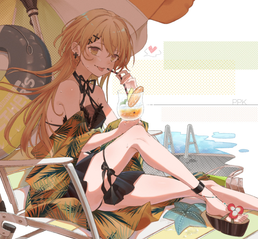 1girl, :p, bangs, bare_shoulders, bikini, black_bikini, black_swimsuit, blush, breasts, character_name, closed_mouth, cocktail, cocktail_glass, commentary_request, commission, cross, cross_earrings, cup, drinking_glass, earrings, eyebrows_visible_through_hair, girls_frontline, hair_ornament, hairclip, heart, heart_print, highres, holding, holding_cup, jewelry, light_brown_eyes, light_brown_hair, long_hair, looking_at_viewer, medium_breasts, official_alternate_costume, platform_footwear, pool, ppk_(foliage_romance)_(girls'_frontline), ppk_(girls'_frontline), rabb_horn, revision, sandals, simple_background, sitting, skeb_commission, solo, sweat, swimsuit, tongue, tongue_out