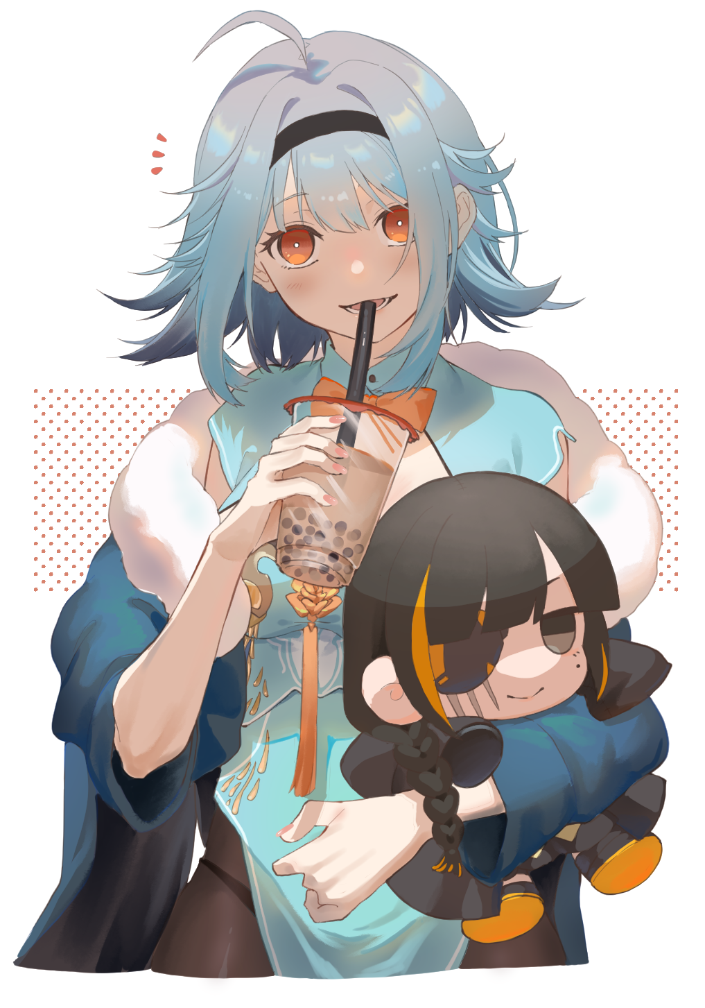 1girl, bangs, black_eyepatch, black_eyes, black_hair, black_hairband, black_legwear, blue_hair