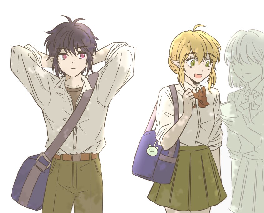 1boy, 2girls, black_hair, blonde_hair, charlotte_grace, green_eyes, ldldodldodl999, looking_at_another