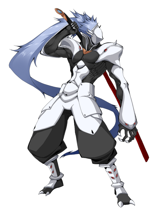 blazblue, blue_hair, claws, hakumen, kamirobo, male, mask, muscle