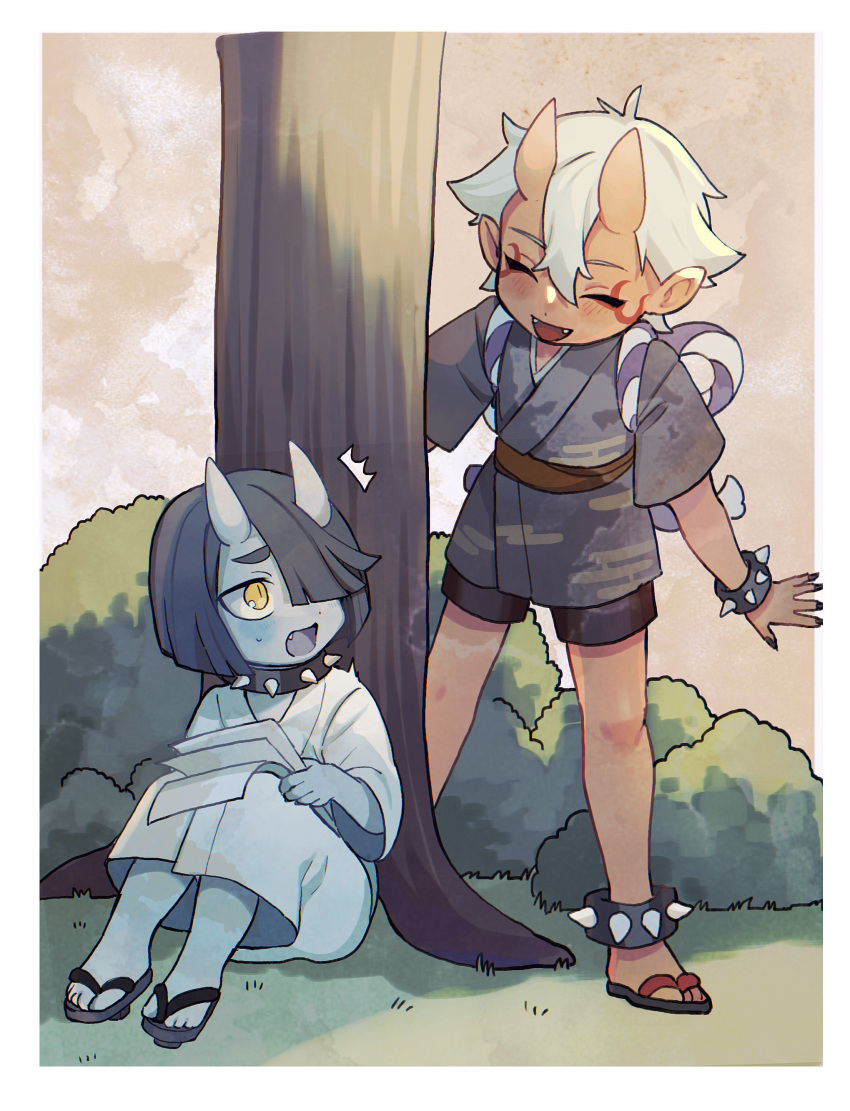 2boys, ^^^, absurdres, aka_(genshin_impact), ao_(genshin_impact), blue_oni, blue_skin, bracelet