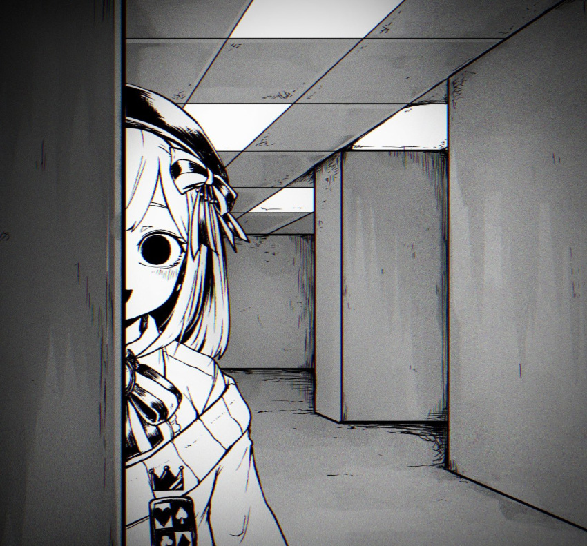 1girl, around_corner, backrooms_(creepypasta), bangs, black_eyes, black_headwear, chromatic_aberration, greyscale