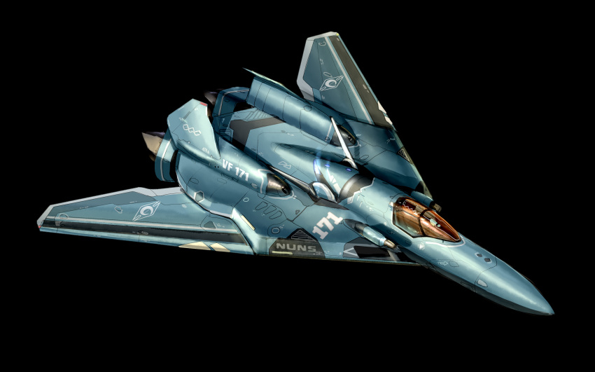 absurdres, asterozoa, commentary, energy_cannon, english_commentary, highres, lights, macross, macross_frontier, mecha, n.u.n.s., no_humans, realistic, roundel, science_fiction, simple_background, solo, space, variable_fighter, vf-171