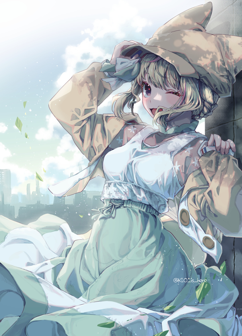1girl, ;d, animal_ears, arm_up, blonde_hair, blue_skirt, breasts, brown_headwear