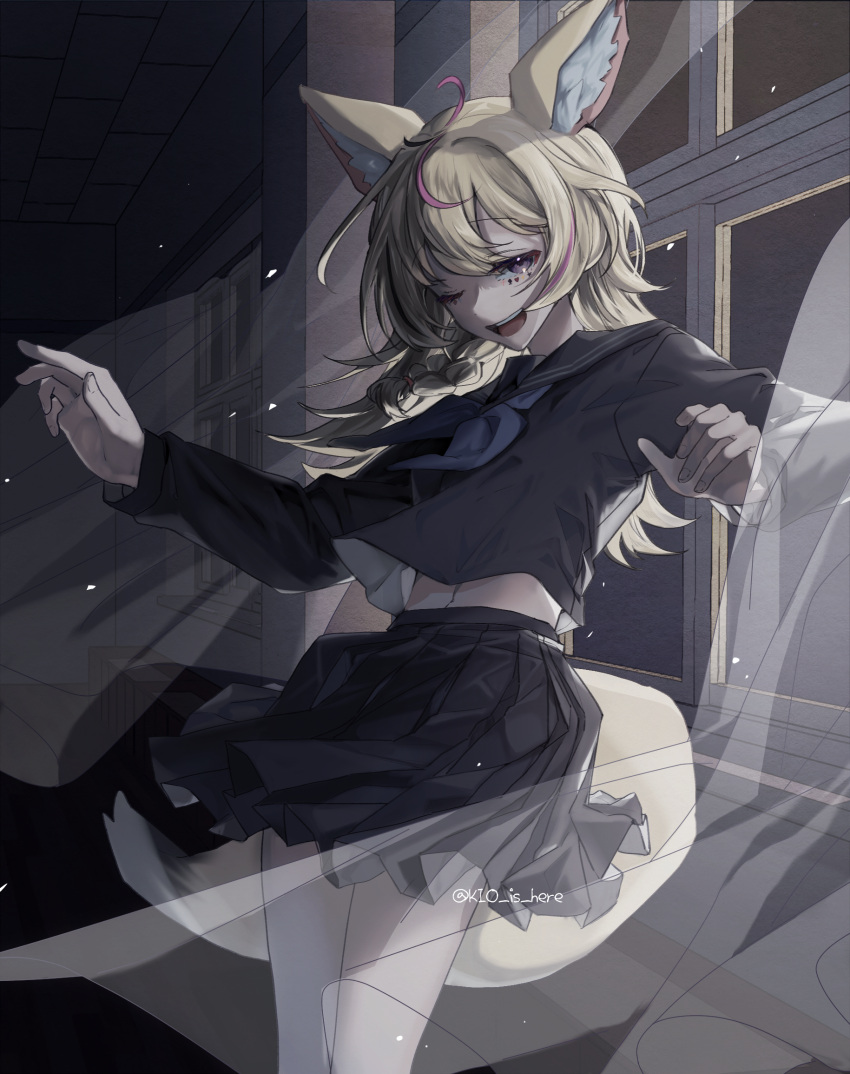 1girl, ;d, ahoge, animal_ear_fluff, animal_ears, aogami_high_school_uniform, black_sailor_collar, black_serafuku