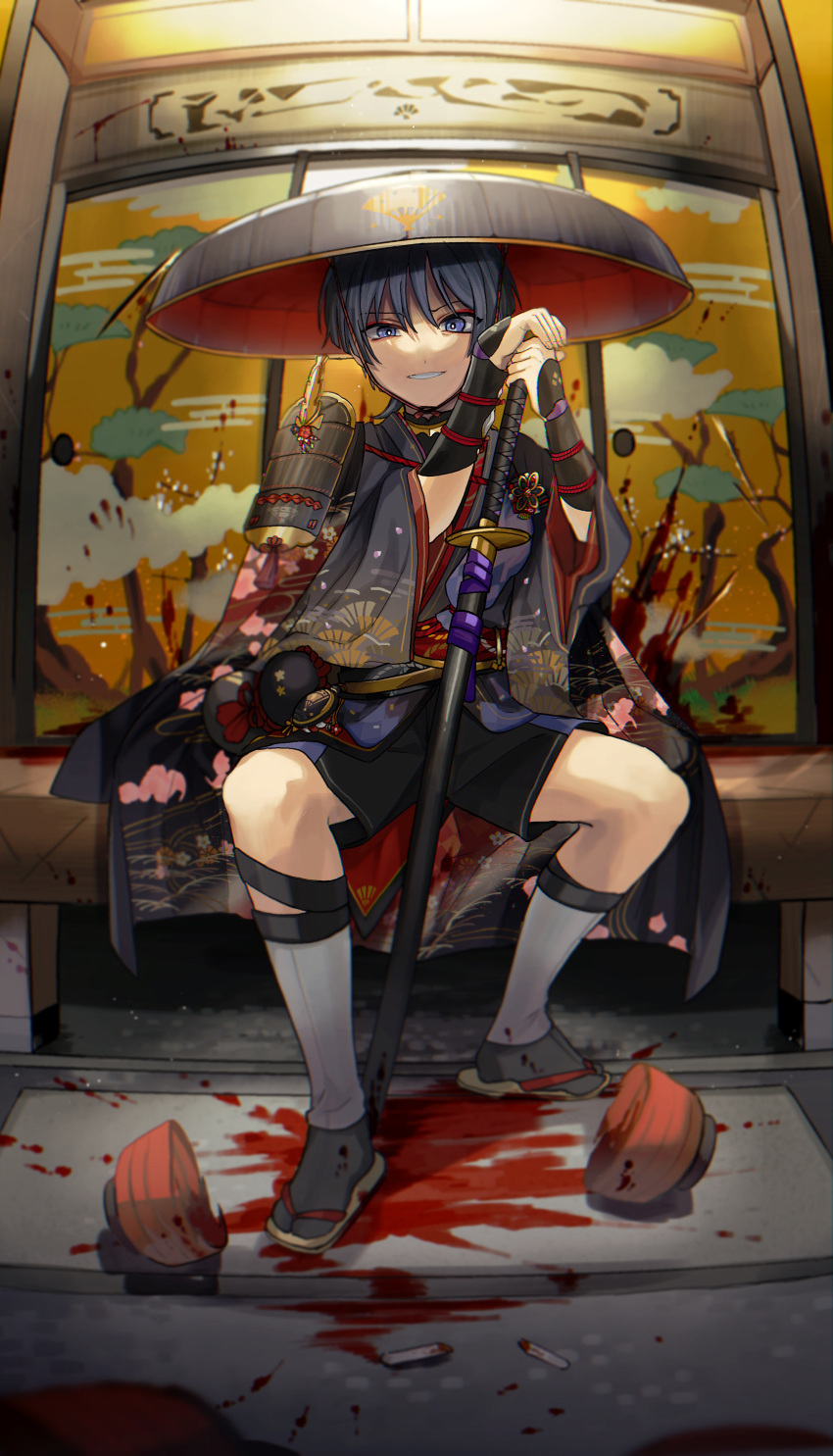1boy, absurdres, black_hair, black_shorts, blood, blood_splatter, blue_eyes, blue_hair