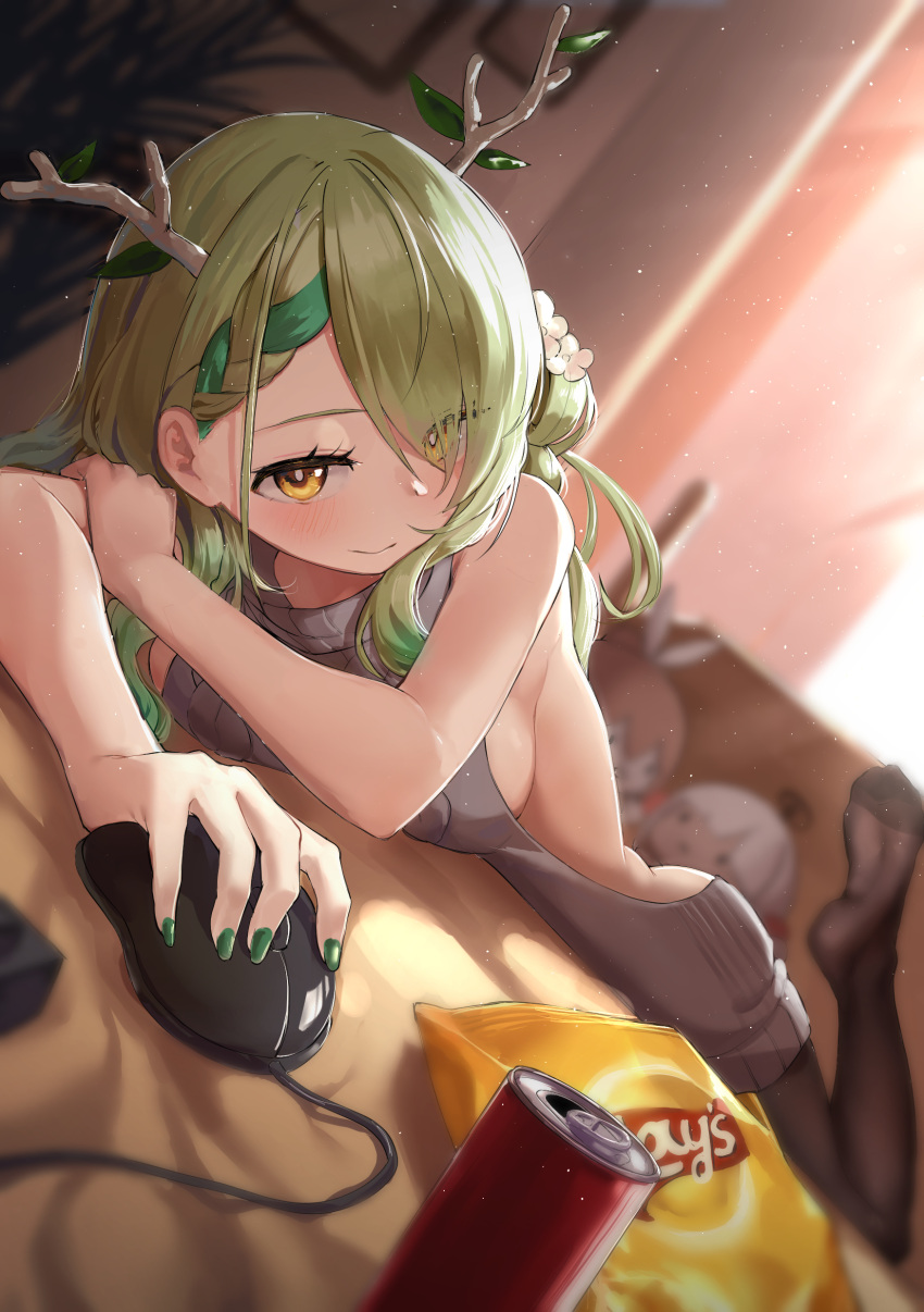 1girl, absurdres, antlers, backless_outfit, bada_(jksh5056), bare_shoulders, bed_sheet, blurry