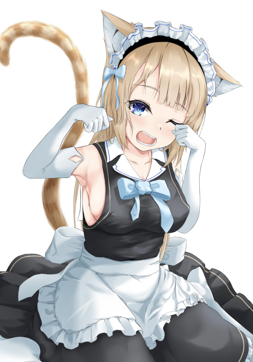 alternate_costume, alternate_species, animal_ears, apron, black_dress, blonde_hair, blue_eyes, breasts, cat_ears, cat_girl, cat_tail, dress, elbow_gloves, empireo, enmaided, frilled_apron, frills, gloves, highres, maid, maid_apron, maid_headdress, one_eye_closed, prism_project, sideboob, sleeveless, tail, tokimori_aoi, virtual_youtuber, waist_apron, white_apron, white_gloves, yawning