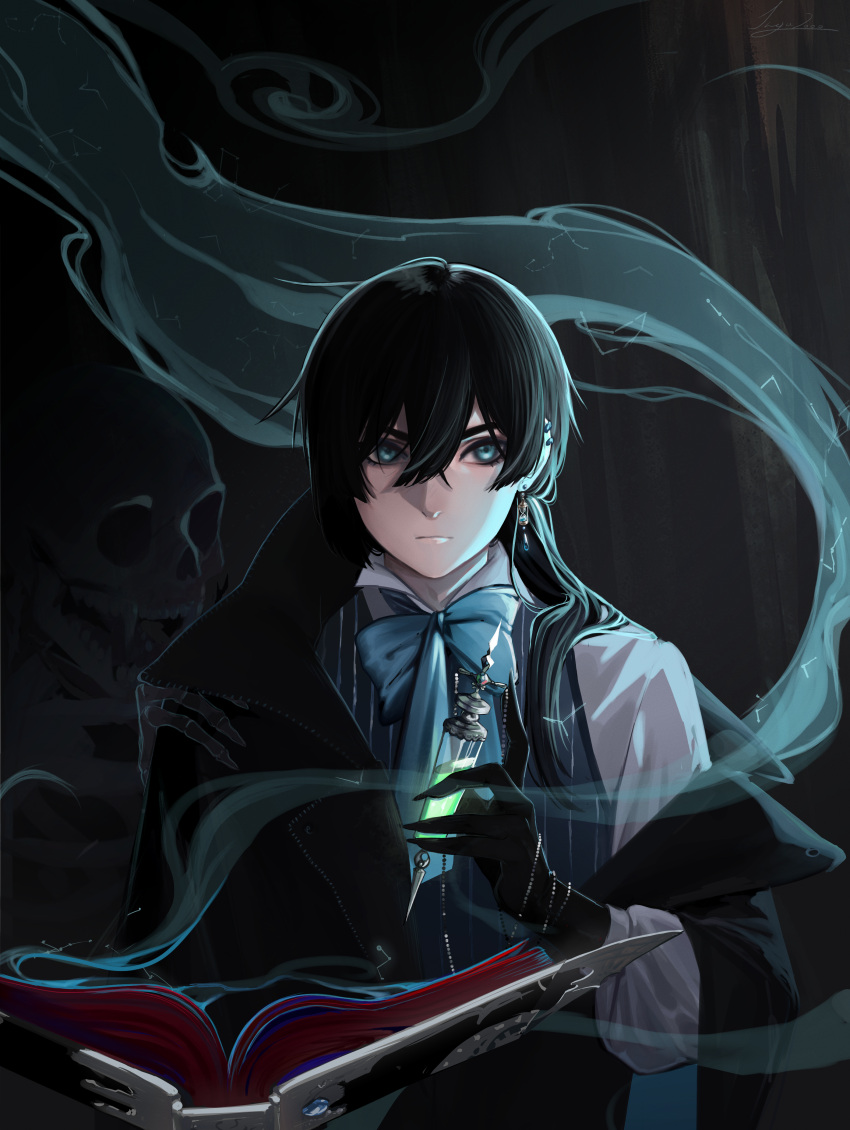 1boy, absurdres, bishounen, black_hair, blue_eyes, book, book_hug, breasts