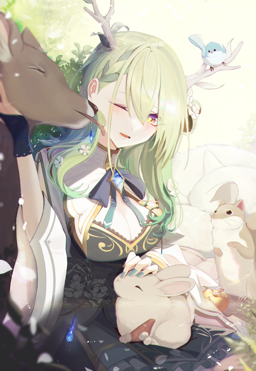 1girl, absurdres, antlers, apple, bird, braid, branch, brooch, ceres_fauna, deer, dress, flower, food, fruit, ggi_bang, gloves, golden_apple, green_hair, hair_flower, hair_ornament, highres, hololive, hololive_english, jewelry, licking, one_eye_closed, petting, rabbit, ribbon, smile, squirrel, tree, virtual_youtuber, wide_sleeves, yellow_eyes