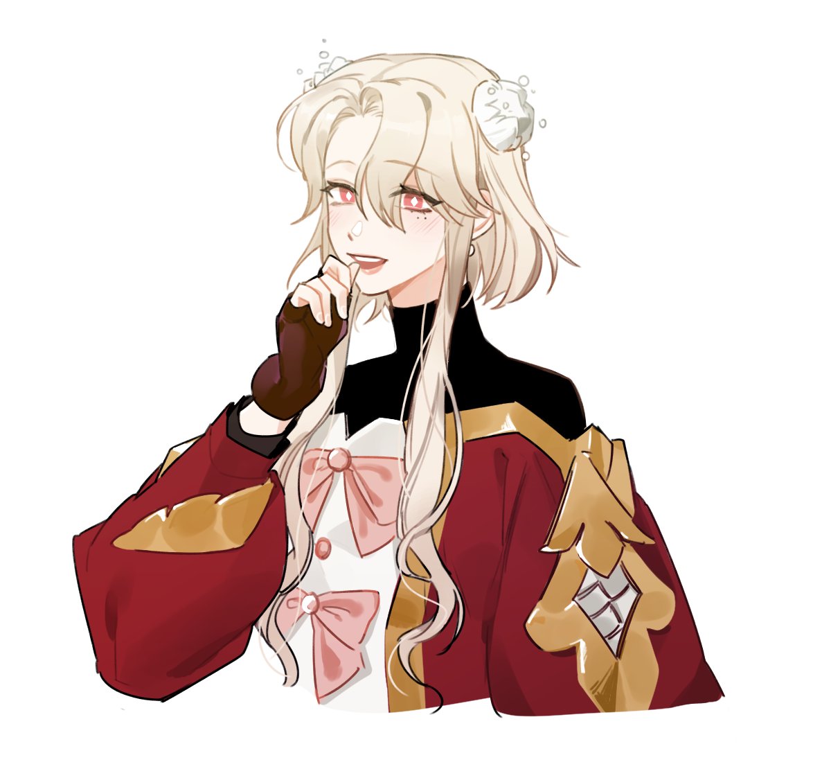 1girl, aurea_(lord_of_heroes), blonde_hair, bob_cut, bow, earrings, finger_to_mouth, fingerless_gloves