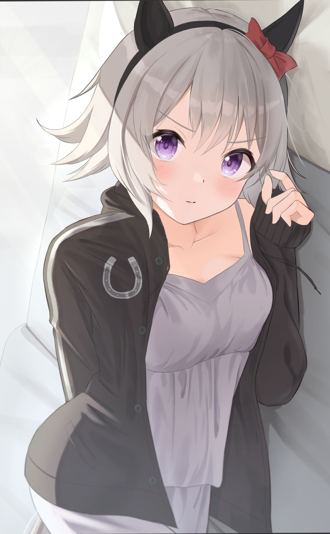 1girl, animal_ears, bangs, bed, black_jacket, blush, breasts, camisole, closed_mouth, collarbone, curren_chan_(umamusume), cyan_71, green_hair, grey_camisole, hairband, highres, horse_ears, jacket, long_sleeves, looking_at_viewer, lying, on_bed, on_side, open_clothes, open_jacket, pillow, short_hair, sideways, small_breasts, solo, umamusume, violet_eyes