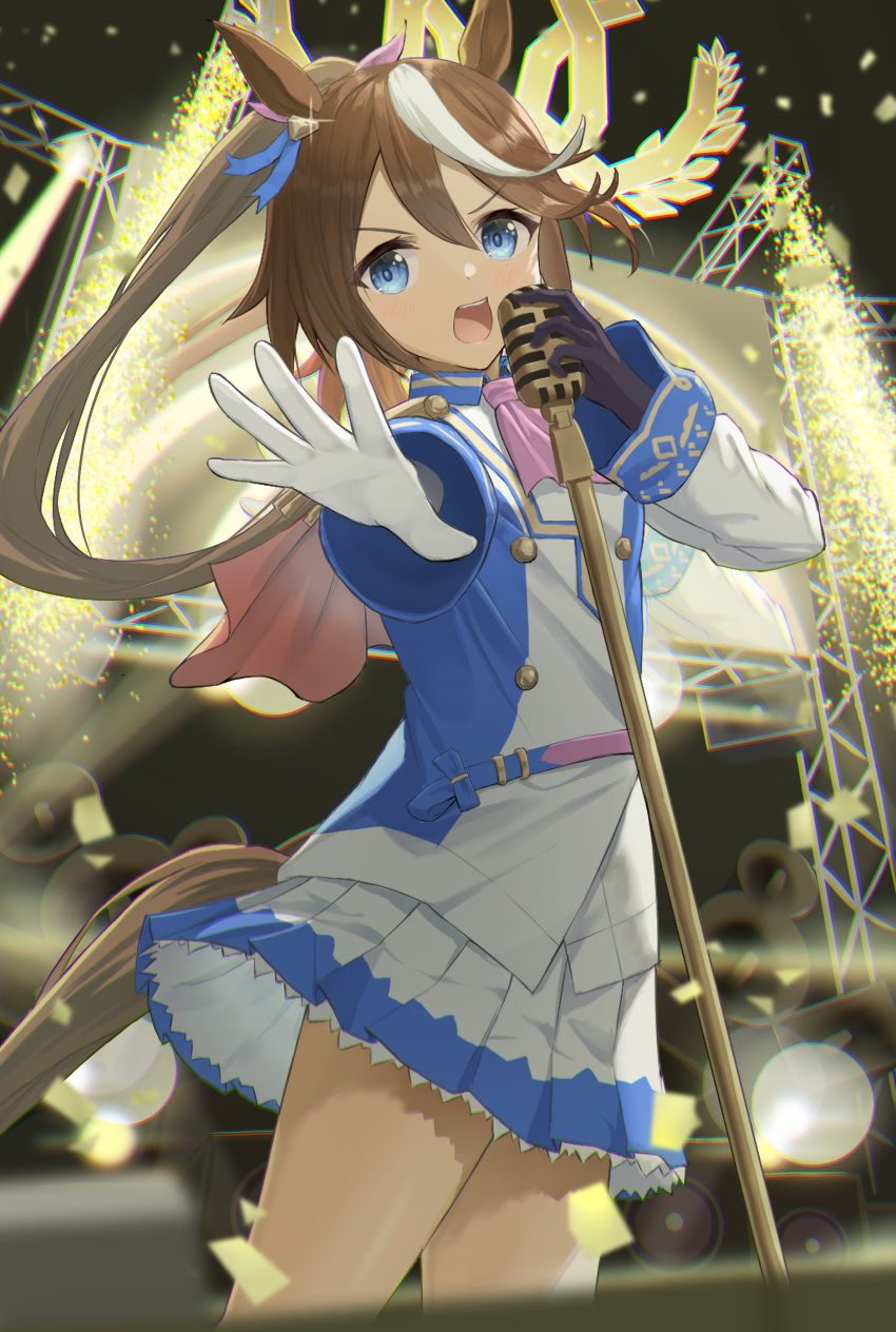 1girl, absurdres, animal_ears, ascot, asymmetrical_legwear, bangs, blue_eyes, brown_hair