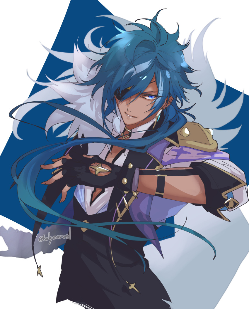 1boy, absurdres, bangs, black_gloves, blue_eyes, blue_hair, dark-skinned_male, dark_skin