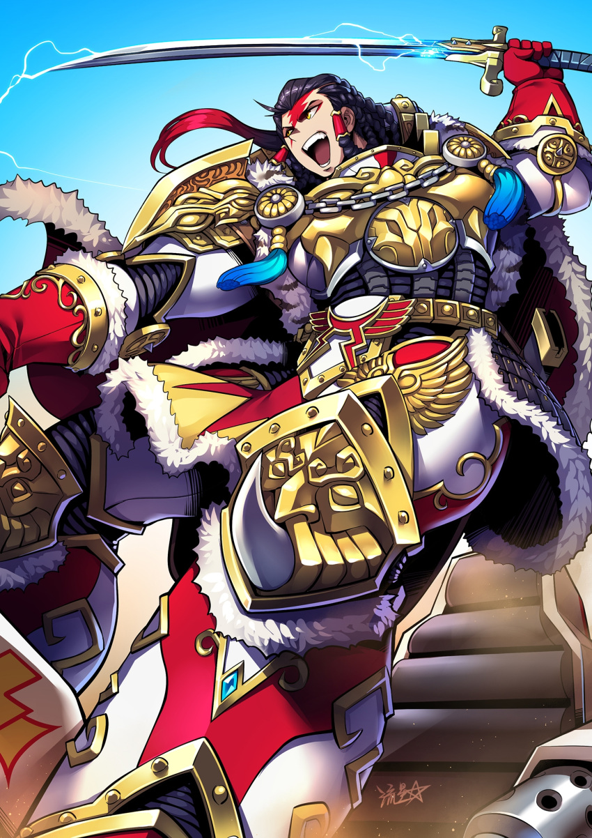 1girl, armor, black_hair, braid, cape, chain, fur_collar, fur_trim