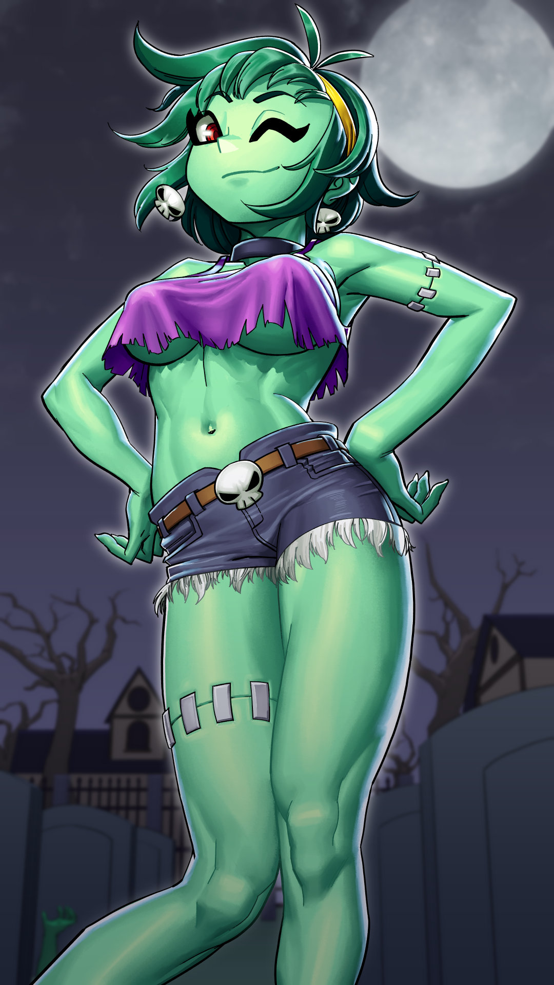 1girl, ;), antenna_hair, bare_arms, bare_legs, bare_shoulders, belt, breasts