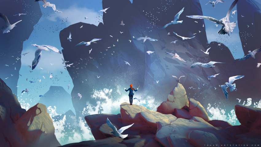 1boy, animal, baton_(conducting), bird, blue_jacket, blue_pants, blue_sky, cliff