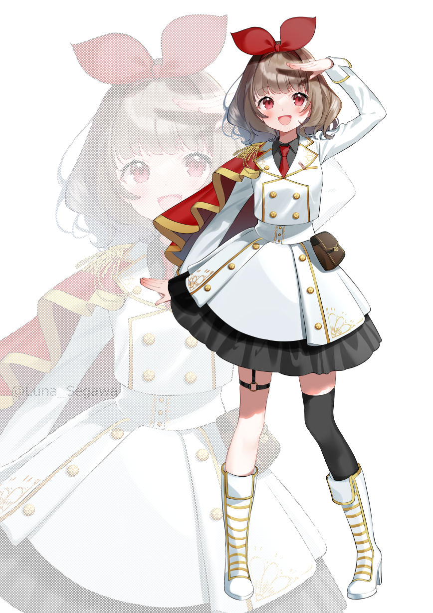 1girl, :d, arm_up, bangs, black_legwear, black_shirt, blush, boots