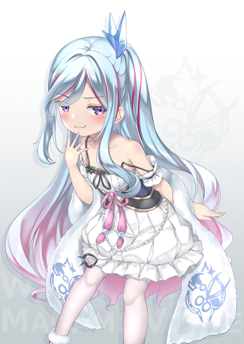 1girl, background_text, bare_shoulders, blue_hair, closed_mouth, collarbone, commentary_request, crystal_hair_ornament