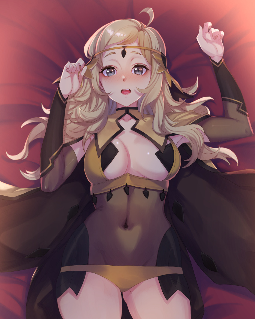 absurdres, ahoge, ass_visible_through_thighs, asymmetrical_bangs, bangs, bed, blonde_hair, blush
