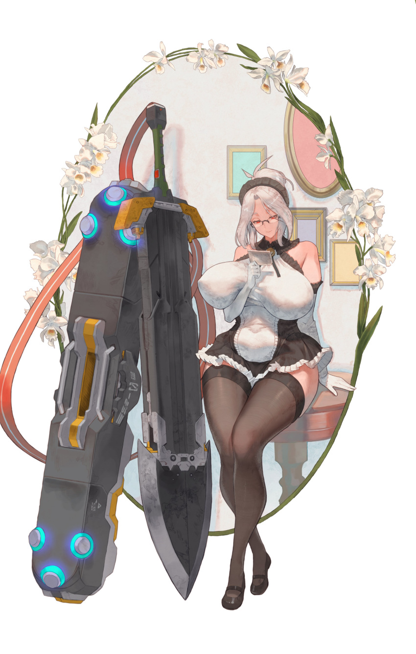 1girl, absurdres, black_footwear, black_legwear, breasts, closed_mouth, crossed_legs, dress