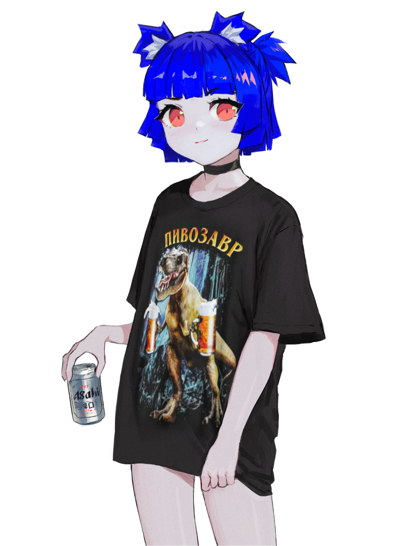 1girl, alcohol, animal_ears, asahi_breweries, bangs, beer, beer_mug, black_choker