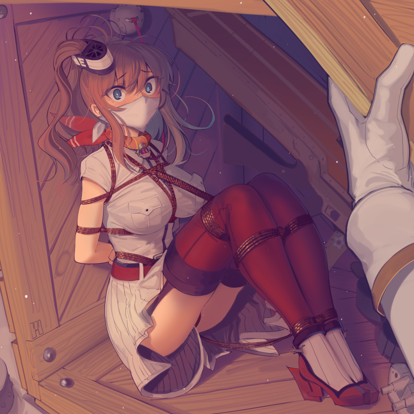 1girl, absurdres, battle_effectiveness_award, bdsm, blue_eyes, bondage, bound, bound_arms