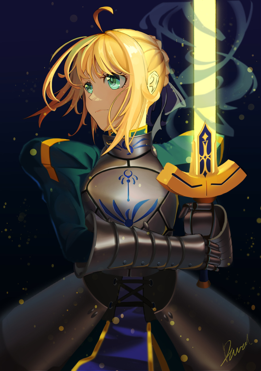 1girl, ahoge, armor, armored_boots, armored_dress, artoria_pendragon_(all), bangs, blonde_hair, blue_dress, blue_ribbon, boots, braid, breastplate, breasts, closed_mouth, commentary_request, dowal, dress, excalibur, fate/stay_night, fate_(series), full_body, gauntlets, green_eyes, grey_footwear, hair_ribbon, highres, holding, holding_sword, holding_weapon, juliet_sleeves, long_dress, long_sleeves, looking_at_viewer, puffy_sleeves, ribbon, saber, short_hair, simple_background, solo, standing, sword, weapon