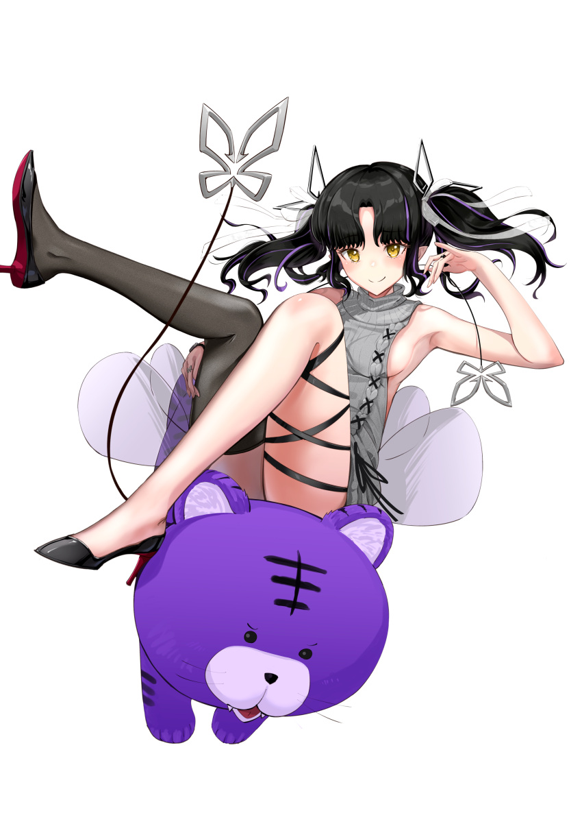 1girl, absurdres, armpits, bangs, black_footwear, black_hair, black_legwear, black_ribbon
