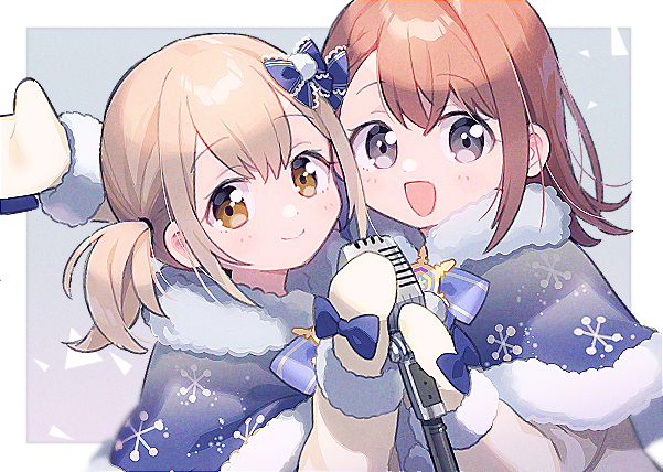 2girls, azusawa_kohane, bangs, blue_bow, blue_capelet, blue_ribbon, border, bow