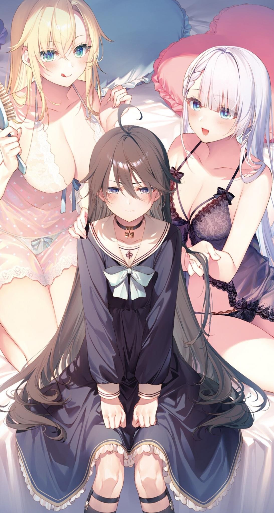 1boy, 2girls, ahoge, black_hair, blonde_hair, blue_eyes, blush, bow, breasts, choker, collarbone, commentary_request, eyebrows_visible_through_hair, hair_between_eyes, hair_brush, highres, large_breasts, leonis_(seiken_gakuin_no_maken_tsukai), long_hair, lyseria_christaria, multiple_girls, official_art, open_mouth, otoko_no_ko, pajamas, panties, pillow, regina_(seiken_gakuin_no_maken_tsukai), see-through, seiken_gakuin_no_maken_tsukai, tongue, tongue_out, toosaka_asagi, underwear, white_hair