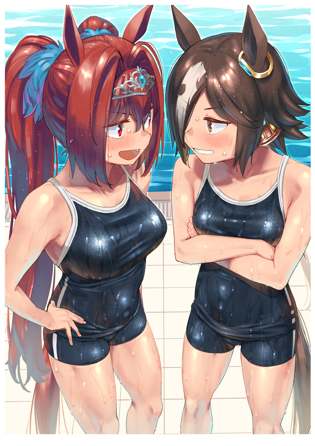 2girls, animal_ears, bangs, bare_arms, black_hair, black_swimsuit, blue_swimsuit, blush