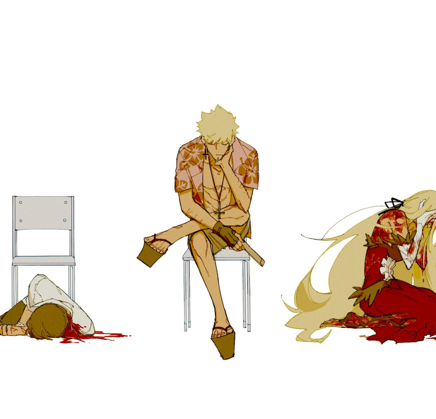 1girl, 2boys, araragi_koyomi, backless_dress, backless_outfit, bakemonogatari, black_hair, black_ribbon