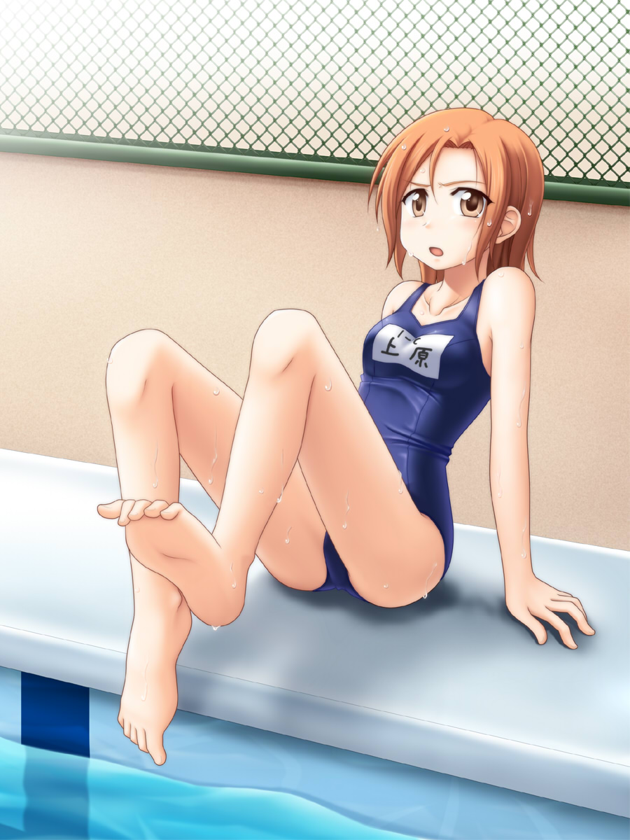 barefoot, brown_eyes, brown_hair, chainlink_fence, feet, fence, highres, legs